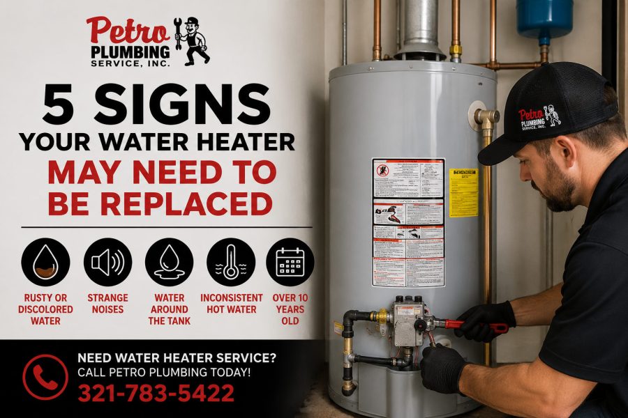 Professional plumber servicing a residential water heater in Brevard County, Florida.